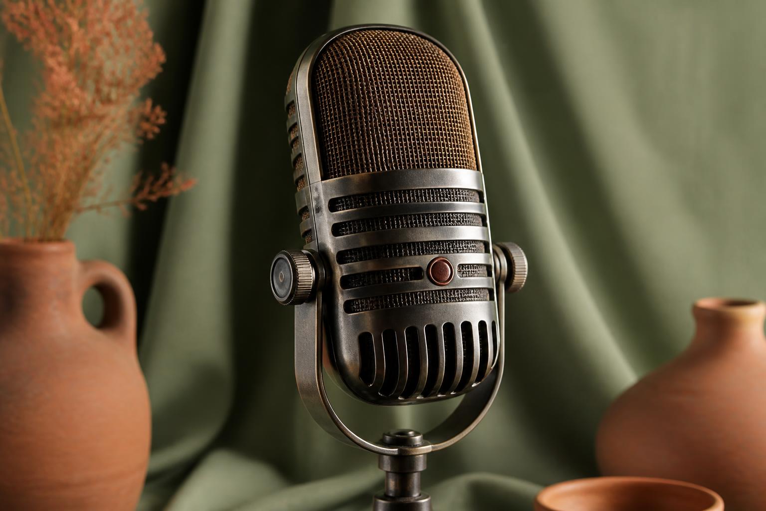 Micro de radio vintage sur fond sauge et terracotta